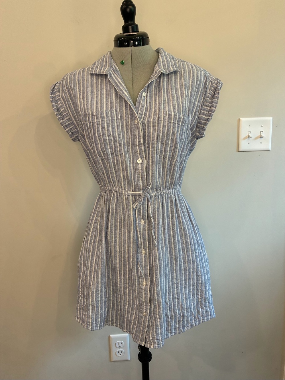 Japna Blue and White Striped Tie-Waist Mini Dress